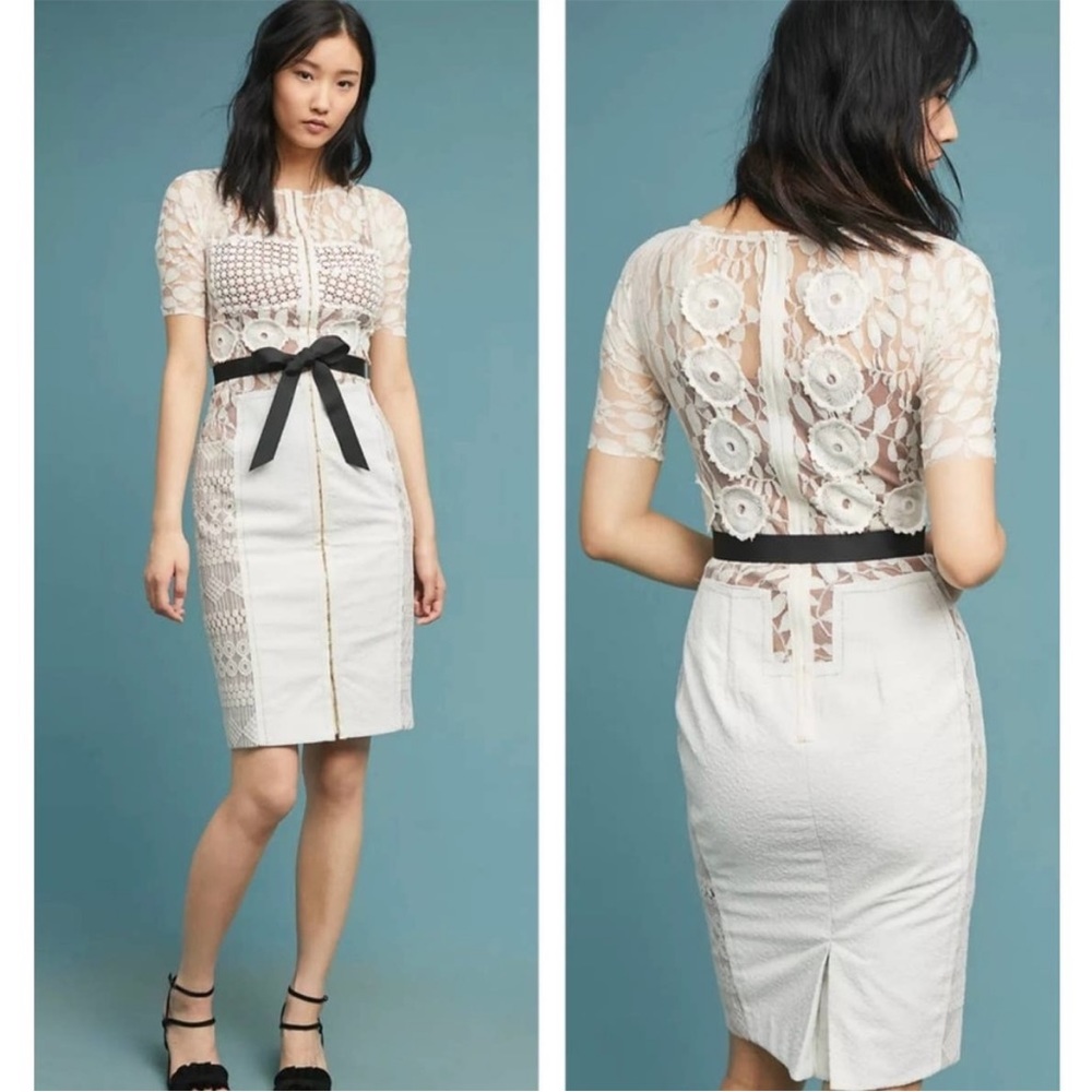 Byron Lars Ivory Lace Midi Dress with Black Bow